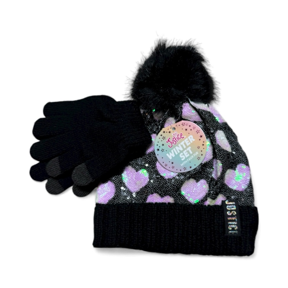 Justice | Black and Purple Heart Winter Hat Set